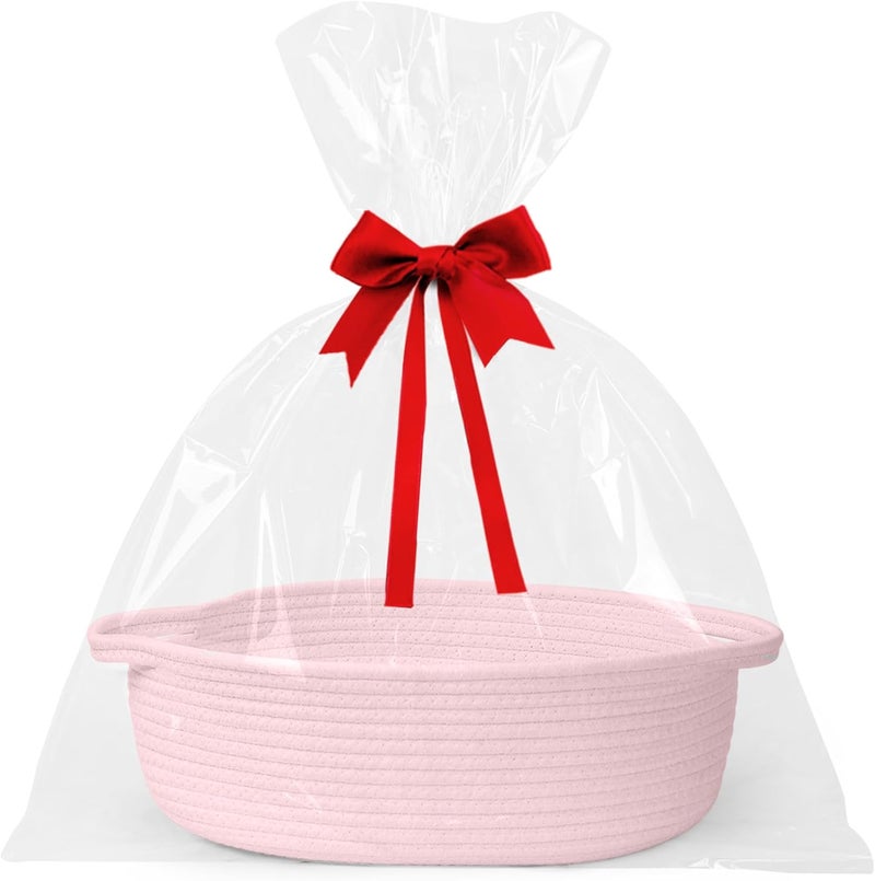 WILLITAT Small Baskets for Gifts Empty, 13"x 9"x 5" Woven Gift Basket with Bag and Ribbon, Cotton Rope Kids Dog Cat Toy Bin Box, Cute Baby Nursery Organizer, Decorative Storage with Handles (Pink) - Image 1